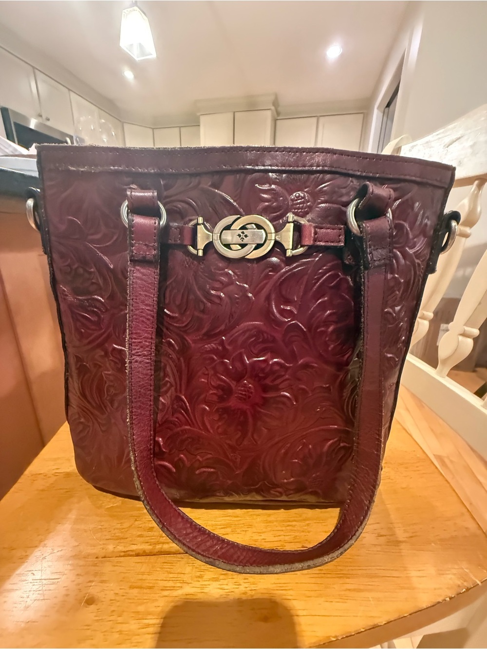 Patricia Nash Embossed Floral Leather Shoulder Bag in Burgundy